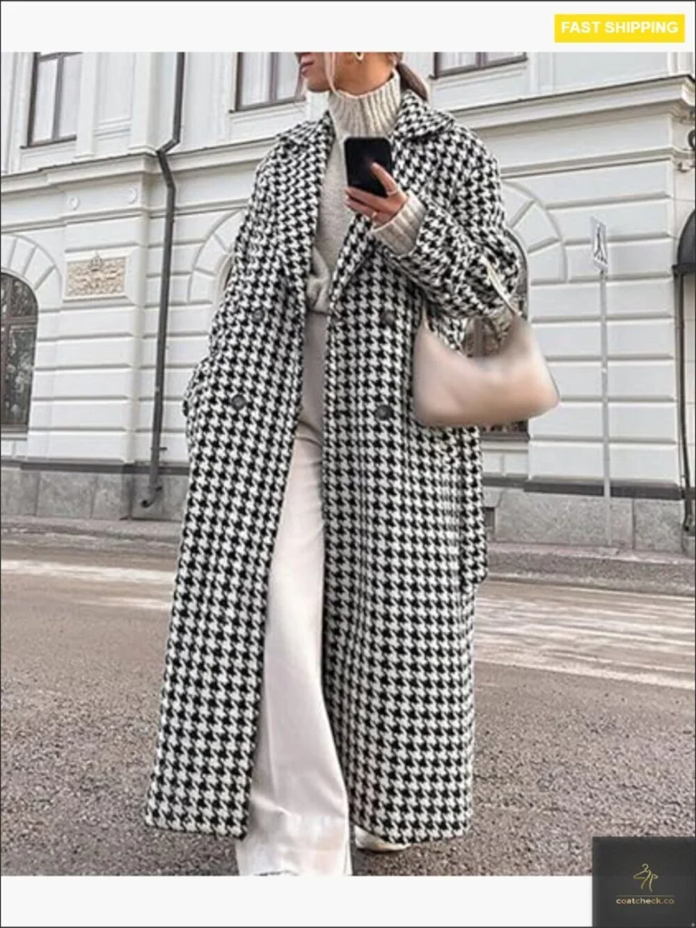 Houndstooth Wool Blend Trench Coat Double Breasted Pea Coat Classic Elegant_5